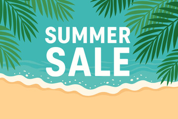 Summer sale vector banner with tropical beach top view. Sandy ocean shore with waves and palm leaves frame. Seaside holiday promotion, advertisement background illustration.