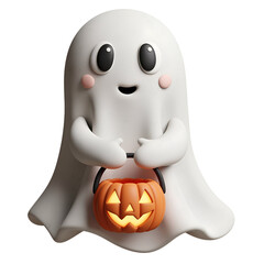 Cute Ghost Holding Pumpkin Bucket for Trick-or-Treating in 3D Pastel Clay Style