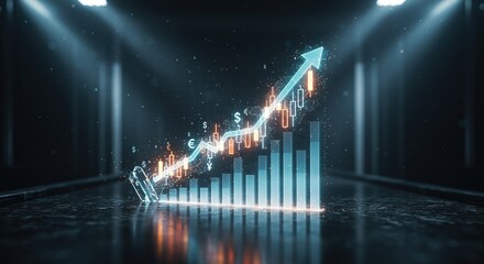 Dynamic financial growth chart with glowing arrow and currency symbols, showcasing market success
