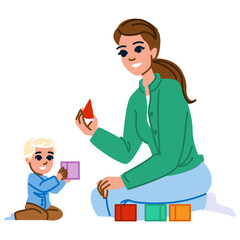 Babysitter playing building blocks with child