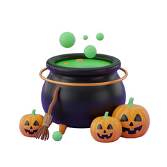 A spooky halloween cauldron with glowing green potion, surrounded by carved pumpkins and a witchs broom, isolated on transparent background