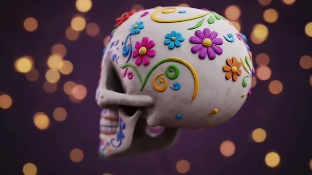 A vibrantly decorated sugar skull, a traditional symbol of remembrance, is presented with intricate patterns and colors, a festive display.