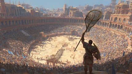 This image portrays an ancient Roman gladiator standing triumphantly inside a vast colosseum filled with spectators. The gladiator, clad in armor, raises a large net high into the air while holding a 