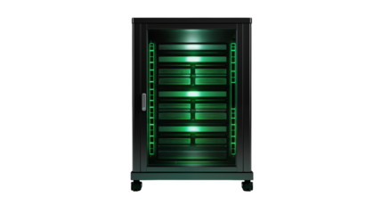 Modern server rack glows with vibrant green internal illumination, symbolizing innovation and data power.