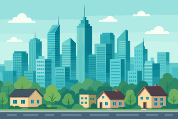 Cityscape with tall skyscrapers and suburban houses. Panoramic urban landscape with downtown office buildings, trees, and road. Business district skyline. Vector illustration.
