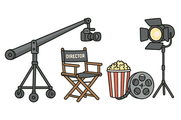 Film production equipment set. Movie making concept with director chair, camera crane, popcorn, film reel and spotlight. Cinema industry vector cartoon illustration collection.