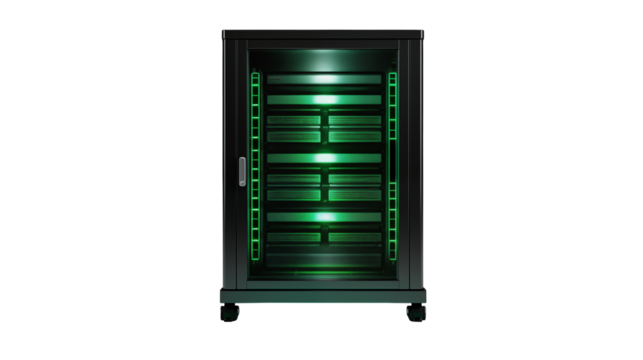 Modern server rack glows with vibrant green internal illumination, symbolizing innovation and data power.