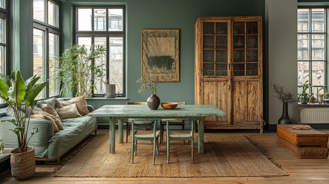In a sun-drenched Scandinavian living room, a sleek mint green dining table, its wood surface worn with time and care, hosted a simple yet elegant meal. Surrounding the table sat four chairs, 