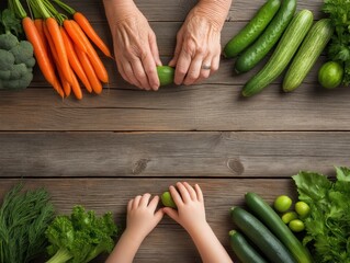 Grandparent and child hands arranging fresh vegetables on wooden kitchen table