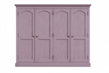 Elegant purple wardrobe with arched panel doors, gleaming metal handles, standing against transparent background, ideal for interior design rendering