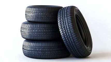 Stack of four tires neatly arranged with clean background.