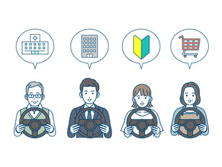 様々な用途で車の乗る人々のイラスト