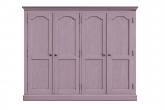 Elegant purple wardrobe with arched panel doors, gleaming metal handles, standing against transparent background, ideal for interior design rendering