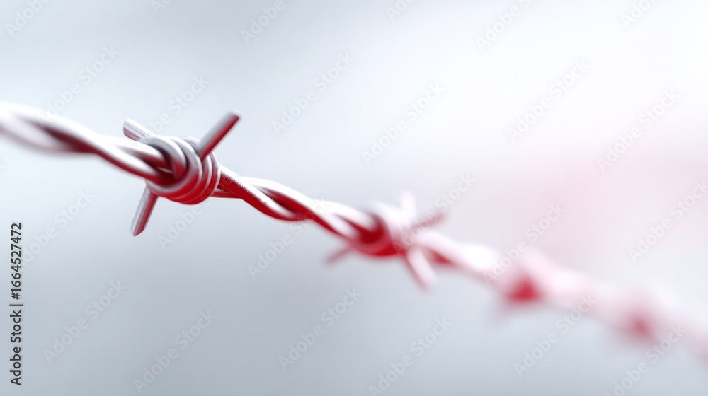 Poster a close-up view of a barbed wire showcasing sharp edges and twisted strands. this image represents b
