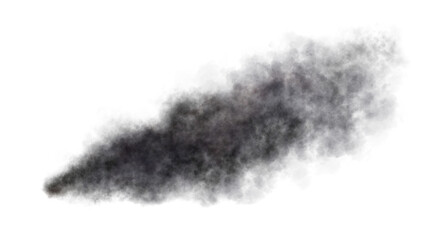 Dense smoky exhaust trail in shades of black, resembling emission from jet aircraft, car, or motorcycle. Isolated. Perfect for visual effects or compositions.