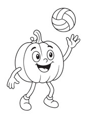 coloring book pumpkin playing volleyball.