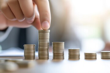 Close-up of businessman's hand placing stacked coins in rising row on table representing financial growth and money investment business concept