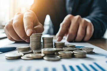 Businessman's hands counting coins with financial graphs on desk for bank or financial concept, macro shot of hand holding stack of coins in office background