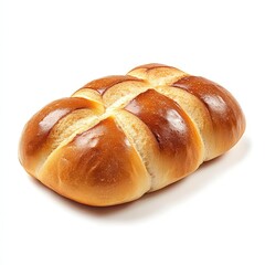 Light brown, oblong braided bread, glossy surface, on white background