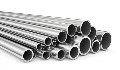 Fototapeta premium Stack of stainless steel pipes neatly arranged on a clean white background showcasing industrial metal texture and cylindrical forms for construction and manufacturing concepts