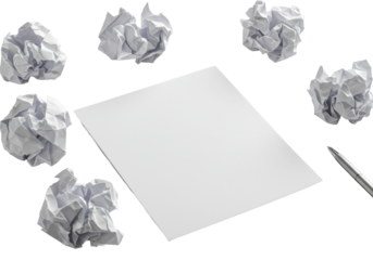 Top-down studio shot of crumpled and balled white paper leading to a pristine flat sheet, with a silver pen, on a transparent surface, high-key light. Concept of creative process and innovation