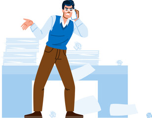 Stressed office employee arguing on phone surrounded by paperwork chaos