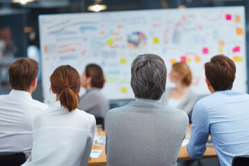 Group of professionals is brainstorming with their backs to camera, focusing on whiteboard filled with colorful notes and diagrams. atmosphere is collaborative and creative