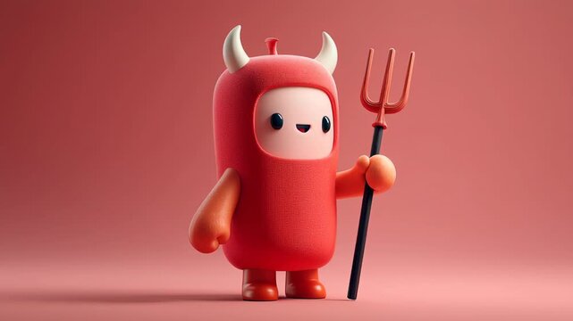 Red Devil Cartoon Character with Horn and Tail, Playful 3D Illustration, Cute Red Trident Holder