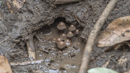 Group of small mushrooms growing in a muddy hole in the forest floor captivating natural scene