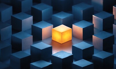 Fototapeta premium Illuminated golden cube stands out among dark cubes
