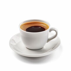 White ceramic coffee cup filled with dark espresso, on a saucer, against a white background