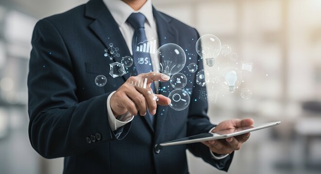 Confident businessman uses tablet to interact with futuristic holographic data and innovative ideas in modern office setting