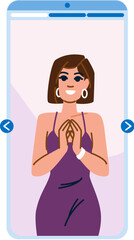 Elegant woman clapping hands on smartphone screen displaying gratitude and appreciation