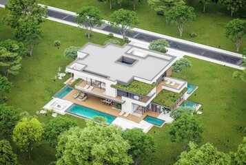 3d rendering of two-story house with parking and pool for sale or rent with concrete facade and beautiful landscaping. Cloudy white sky overcast, soft shadows