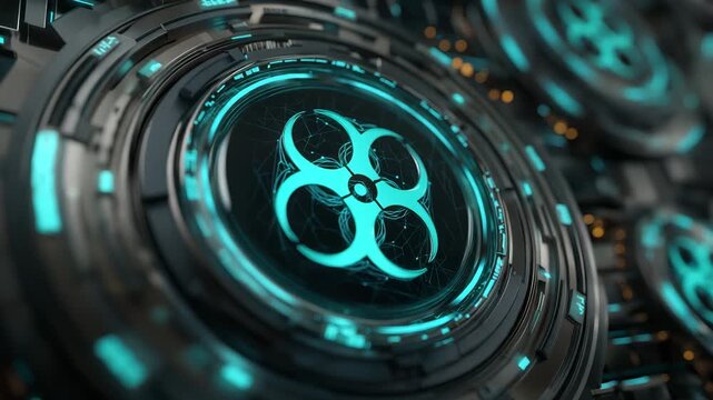 A blue circle with a red cross in the middle. The circle is surrounded by a green border. Biohazard icon surrounded by circular metallic shields, biosecurity glowing teal light, futuristic sci-tech