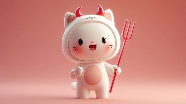 Cute Cat Devil Character Cartoon in Pink Background Smiling Holding Trident Playful Mood Costume