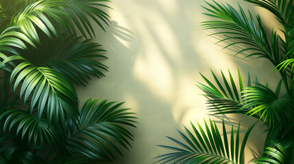 Tropical palm leaves with sunlight shadows on wall