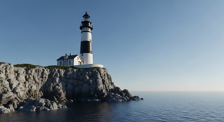 Fototapeta premium A majestic lighthouse stands tall on a rocky cliff, overlooking the vast ocean under a clear blue sky, a beacon of hope and guidance for sailors navigating the treacherous waters