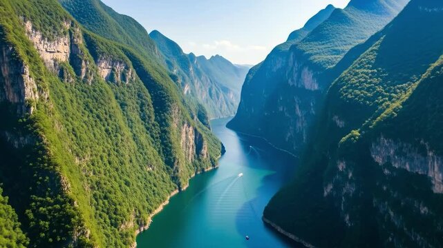 Majestic river winds through a lush green mountain gorge under a clear blue sky, showcasing a breathtaking natural landscape