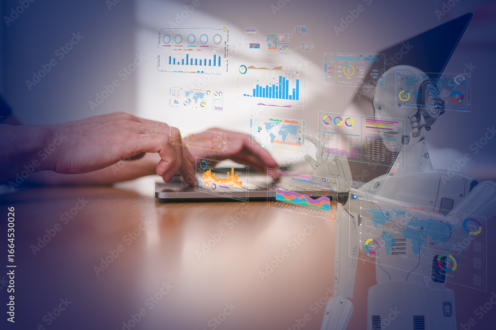 Poster businessman typing on laptop with digital interface and technology robot ai trading and data analysi