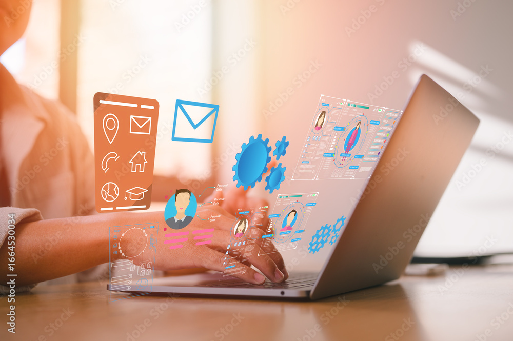 Poster businessman typing on laptop with digital interface and technology icons and user data graphics. rep
