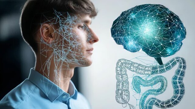 A man is looking at a computer screen with a brain and a stomach. Clean infographic illustration with gut icon, brain icon, and electric connection line, gut brain axis, minimal sci-tech style