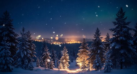 Fototapeta premium A serene winter night unfolds as snow gently falls upon a tranquil forest, where the soft glow of distant lights adds a touch of warmth to the otherwise cold and magical landscape