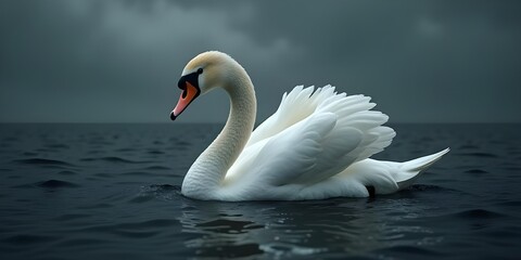 Elegant swan gliding on dark water