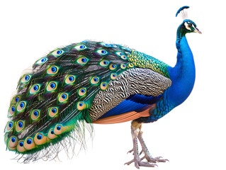Obraz premium Premium studio shot showing Elegant peacock with vibrant plumage standing tall on a background isolated on transparent background, studio product photo on a clean white background, isolated, pin sharp