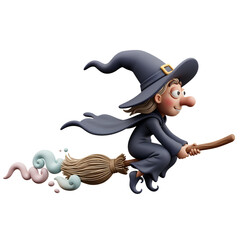 Witch Mid-Flight on Broomstick in 3D Claymation Pastel Halloween Style