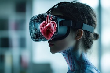 A woman wearing a VR headset views a 3D model of a human heart, showcasing the potential of virtual reality in medical education and healthcare.