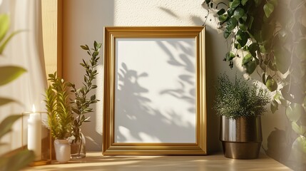 Golden frame with plants and shadows creating a serene and inviting atmosphere in a bright room