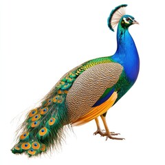 Obraz premium Vibrant peacock, profile view, displaying elaborate plumage against a white background