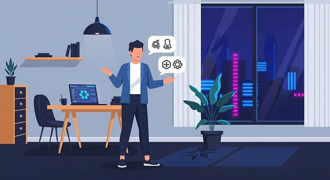 Businessman in a modern office managing communication and technology settings.